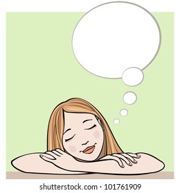 Vector dreaming relaxing young woman with thought bubble. Color abstract illustration with stylized personage and text box