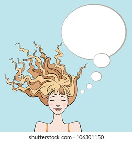 Vector dreaming relaxing young woman with long light wavy hair and thought bubble. Color abstract illustration with stylized personage on a blue background and text box