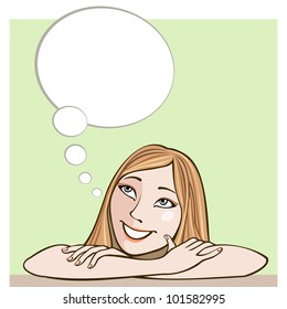 Vector dreaming smiling young woman with thought bubble. Color abstract illustration with personage and text box in cartoon style