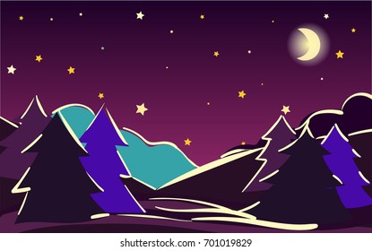 Vector dreamy night landscape, winter scenery banner, Christmas or new year illustration. Hand painted starry night sky twilight forest at night. Outdoor, adventure, travel, holidays panorama design.
