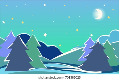 Vector dreamy night landscape, winter scenery banner, Christmas or new year illustration. Hand painted starry night sky twilight forest at night. Outdoor, adventure, travel, holidays panorama design.