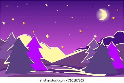 Vector dreamy night landscape, winter scenery banner, Christmas or new year illustration. Hand painted starry night sky twilight forest at night. Outdoor, adventure, travel, holidays panorama design.