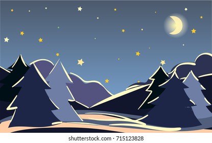 Vector dreamy night landscape, winter scenery banner, Christmas or new year illustration. Hand painted starry night sky twilight forest at night. Outdoor, adventure, travel, holidays panorama design.