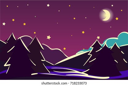 Vector dreamy night landscape, winter scenery banner, Christmas or new year illustration. Hand painted starry night sky twilight forest at night. Outdoor, adventure, travel, holidays panorama design.