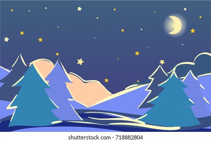 Vector dreamy night landscape, winter scenery banner, Christmas or new year illustration. Hand painted starry night sky twilight forest at night. Outdoor, adventure, travel, holidays panorama design.