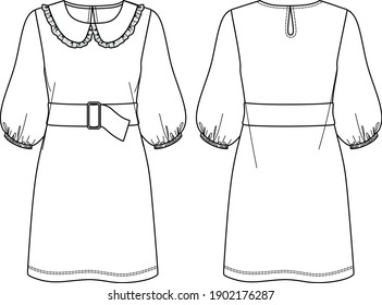 Vector dress fashion CAD, balloon sleeved dress technical drawing, dress sketch with belt