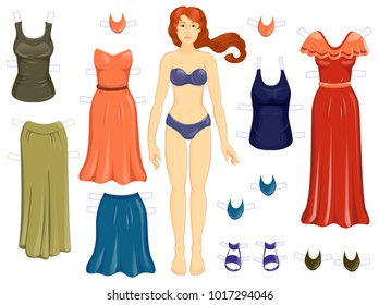 Vector dress up paper dall Autumn colortype and clothes in coral, blue, kale colors