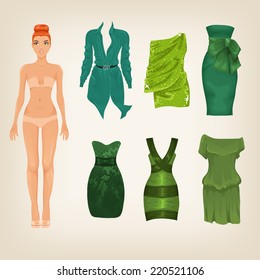 Vector dress up paper doll with an assortment of green dresses