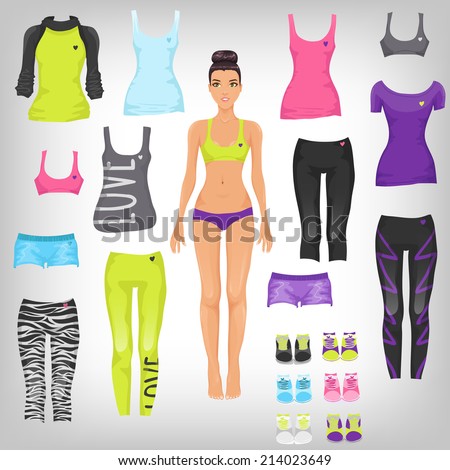 Vector dress up paper doll with an assortment of sports and running fashionable clothes