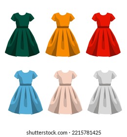 Vector dress red blue green yellow pink gray flat with shadows A silhouette vintage on white background