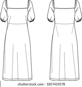 vector dress sketch, dress technical drawing, fashionable women CAD/flat, dress with ruffles and puff sleeves