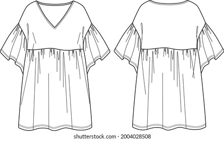 Esbozo de vectores para vestir, dibujo técnico para vestir el cuello V, mujeres de manga corta de moda CAD, plano, mini vestido con esposas. Ropa de tela Jersey o trenzada con vista frontal, trasera, color blanco