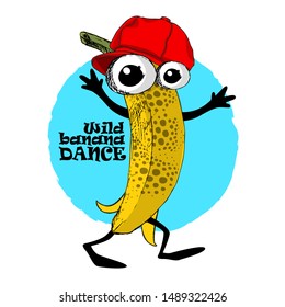 Vector dressed banana is dancing. Hand drawn illustration of pretty cartoon fruit. Comic and funny banana.