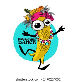 Vector dressed banana is dancing. Hand drawn illustration of pretty cartoon fruit. Comic and funny banana.