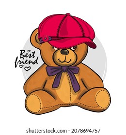 Vector dressed bear with bow  and hat. Print on T-shirts, bags and other fashion products. Design children's clothing and accessories. 