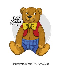 Vector dressed bear with bow. Print on T-shirts, bags and other fashion products. Design children's clothing and accessories. 