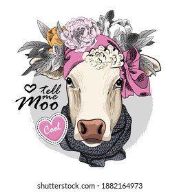 Vector dressed up cow with flower wreath. Print on T-shirts, bags and other fashion products. Design children's clothing and accessories.