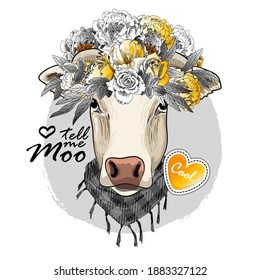 Vector dressed up cow with flower wreath. Print on T-shirts, bags and other fashion products. Design children's clothing and accessories.