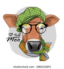 Vector dressed cow with glasses, scarf and hat. Print on T-shirts, bags and other fashion products. Design children's clothing and accessories. 