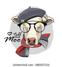 Vector dressed cow with glasses, scarf and hat. Print on T-shirts, bags and other fashion products. Design children's clothing and accessories. 