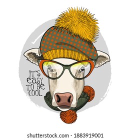 Vector dressed cow with glasses, scarf and hat. Print on T-shirts, bags and other fashion products. Design children's clothing and accessories. 