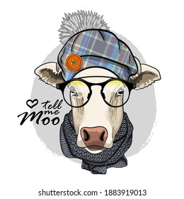 Vector dressed cow with glasses, scarf and hat. Print on T-shirts, bags and other fashion products. Design children's clothing and accessories. 