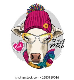 Vector dressed cow with glasses, scarf and hat. Print on T-shirts, bags and other fashion products. Design children's clothing and accessories. 