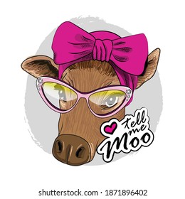 Vector dressed cow with glasses and turban. Print on T-shirts, bags and other fashion products. Design children's clothing and accessories. 