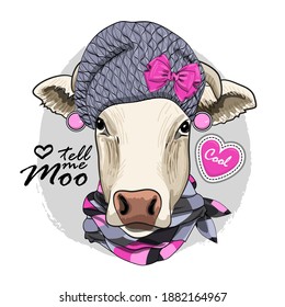 Vector dressed cow with scarf and hat. Print on T-shirts, bags and other fashion products. Design children's clothing and accessories. 