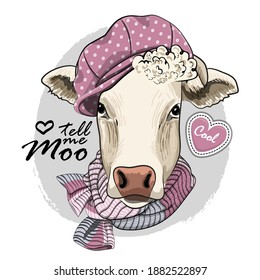 Vector dressed cow with scarf and hat. Print on T-shirts, bags and other fashion products. Design children's clothing and accessories. 