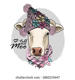 Vector vestido de vaca con bufanda y sombrero. Imprimir en camisetas, bolsas y otros productos de moda. Diseñar ropa y accesorios para niños. 