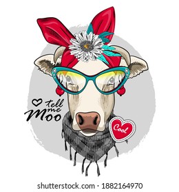 Vector dressed up cow with turban, earrings, flower and glasses. Print on T-shirts, bags and other fashion products. Design children's clothing and accessories.