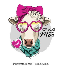 Vector dressed up cow with turban and glasses. Print on T-shirts, bags and other fashion products. Design children's clothing and accessories.