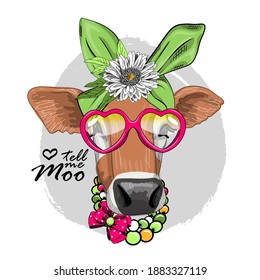 Vector dressed up cow with turban, necklace, flower and glasses. Print on T-shirts, bags and other fashion products. Design children's clothing and accessories.