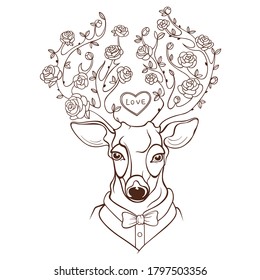 Vector dressed up deer with blooming red roses on antlers. Spring snow and turquoise background