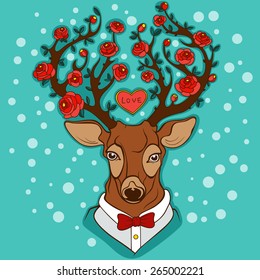 Vector dressed up deer with blooming red roses on antlers. Spring snow and turquoise background