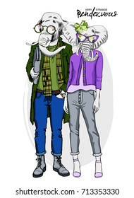 Vector dressed elephants with violet glasses. Hand drawn illustration of dressed elephant. 