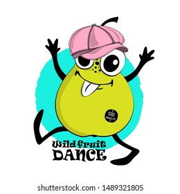 Vector dressed pear is dancing. Hand drawn illustration of pretty cartoon fruit. Comic and funny pear with a pink cap.