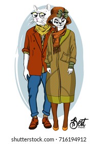 Vector dressed white cats in clothes with glasses and hats. Hand drawn illustration of dressed cats. Best friends. 1