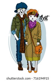 Vector dressed white cats in clothes with glasses and hats. Hand drawn illustration of dressed cats. Best friends. 3