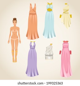 Vector dress-up paper doll model with and assortment of greek dresses