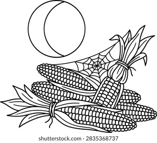 Vector of dried corn stack with spiderweb and moon, harvest moon concept, autumn, simple line art