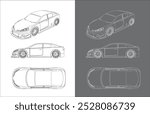 vector drift car line art draw blueprint wireframe from all view top corner side back isolated in transparent background 