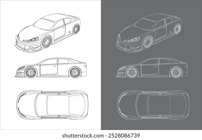 Dibujo de la línea del coche de la deriva del Vector Dibujar el marco de alambre del plano de la parte posterior superior de la esquina de la vista aislada en fondo transparente 