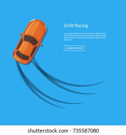 Vector drifting car top view with tire tracks illustration. Sport speed competition