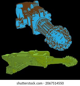 Vector Drill bit icon. EPS10. 3d for geological prospecting isolated on black background.