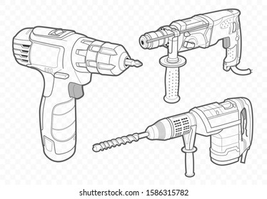 Vector drill, jackhammer and screwdriver. Outline contour sketches. Hand drawn illustrations set. Building and repair.