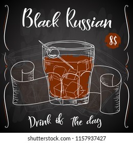 Vector dring poster. Cocktail Black Russian for restaurant and cafe. Hand drawn illustration.