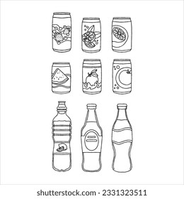 vectores, bebidas, bebidas, frescas, frías, aisladas, soda, jugo, ilustración, icono, diseño, agua, dulce, vidrio, botella, set, blanda, líquida, alimentos, dibujos de doodle hechos a mano de cola conjunto de vectores