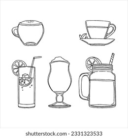 vectores, bebidas, bebidas, frescas, frías, aisladas, soda, jugo, ilustración, icono, diseño, agua, dulce, vidrio, botella, set, blanda, líquida, alimentos, dibujos de doodle hechos a mano de cola conjunto de vectores